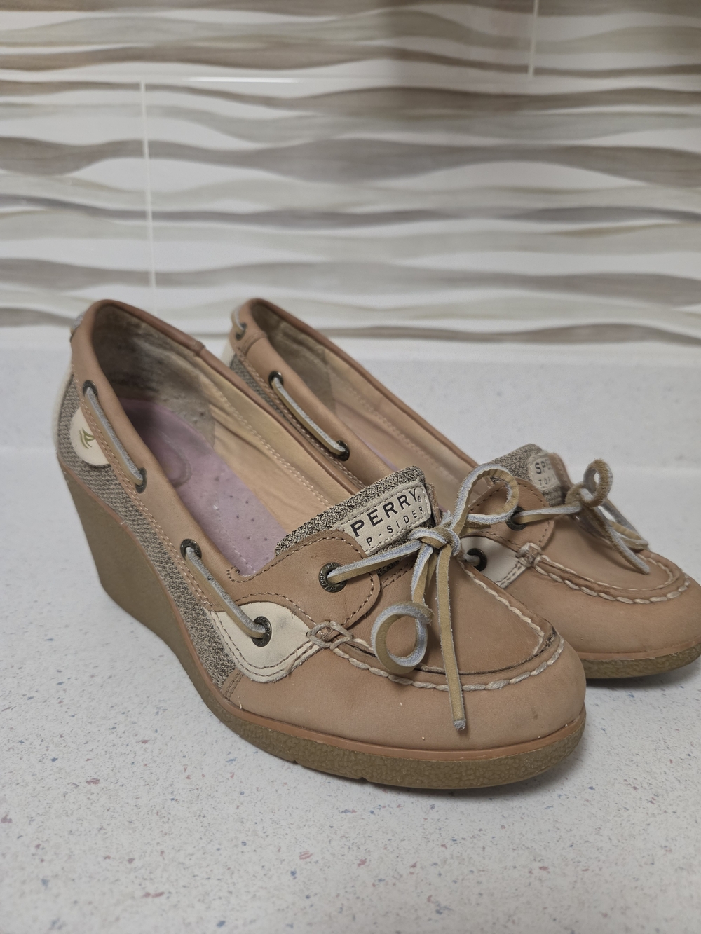 Sperry Tan and Cream Wedge Boat Shoes